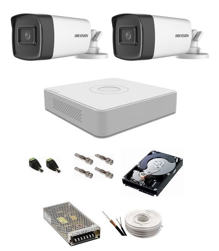 Sistem supraveghere Hikvision 2 camere 5 Mp, IR 80 m